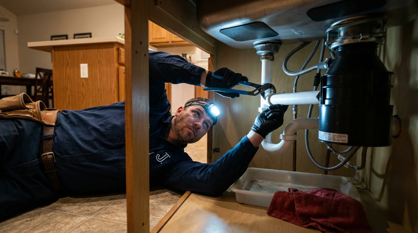 P-trap and supply line connections under a kitchen sink showing a common leak point in Elizabeth, PA